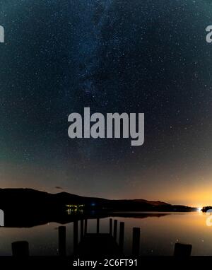 A view from ashness Jetty with the milky way rising over derwent water Stock Photo