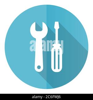 Tool vector icon, flat design blue round web button isolated on white background Stock Vector
