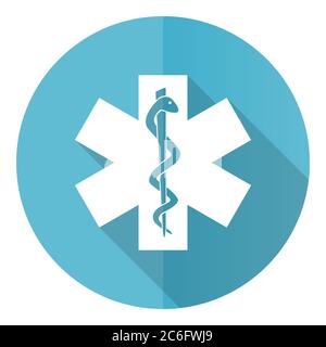 Emergency vector icon, flat design blue round web button isolated on white background Stock Vector