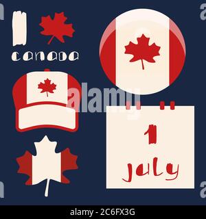 Canadian flag and cap on navy blue backdrop. Maple leaf for invitation or gift card, souvenir shop, social banner, holiday flyer. Phone case or cloth Stock Vector
