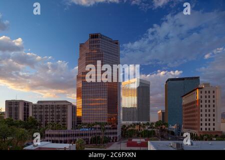 Tucson  AZ / OCT Last light over the high rise buildings of downtown Tucson below a sky of Alto Cumulus clouds. Stock Photo