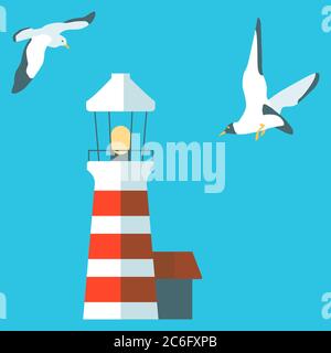 Vintage lighthouse on blue backdrop. Beacon and seagull for invitation or gift card, sailing club logo, notebook sticker, bath tile. Phone case or clo Stock Vector
