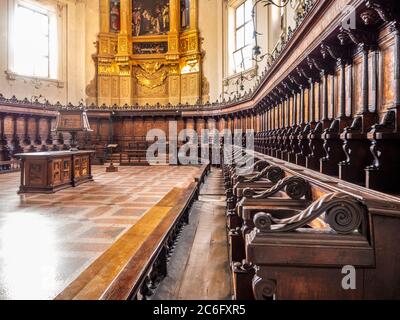 The apse and wooden choir of the Basilica of San Domenico, Bologna. Italy. Stock Photo