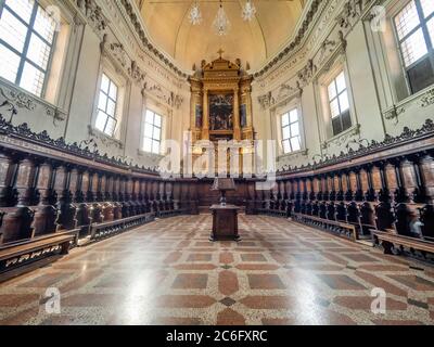 The apse and wooden choir of the Basilica of San Domenico, Bologna. Italy. Stock Photo