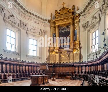 The apse and wooden choir of the Basilica of San Domenico, Bologna. Italy. Stock Photo