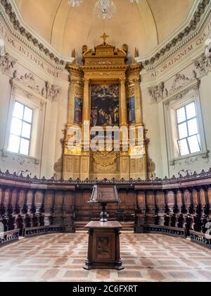 The apse and wooden choir of the Basilica of San Domenico, Bologna. Italy. Stock Photo