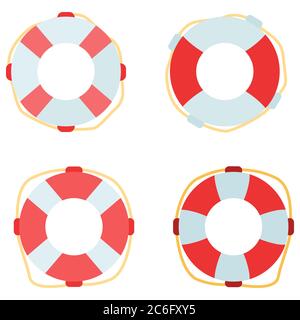 Lifebuoy sticker set on white isolated backdrop. Ring for invitation or gift card, sailing club or beach lifeguard logo, bath tile. Phone case or clot Stock Vector