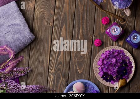 Products for body care spa. Ingredients for homemade salt scrub. Beautiful spa composition. Stock Photo