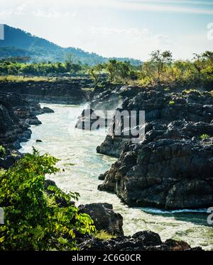 River flowing from Si Phi Falls or Somphamit also knows as Liphi waterfalls or Don Khone on the island of Don Det, four thousand islands, Si Phan Don, Stock Photo