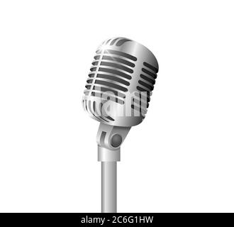 Retro vintage metal microphone on stand on white background. Mic with flare. Music, voice, record icon. Recording studio symbol. Realistic silver style vector eps illustration Stock Vector