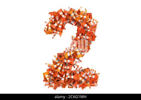 Number 2 from traffic cones, 3D rendering isolated on white background Stock Photo