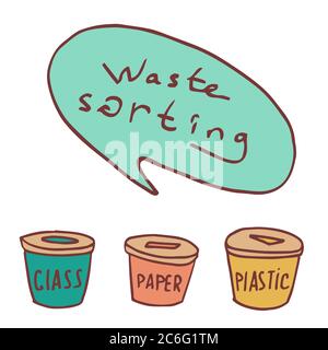 Waste sorting text on white isolated backdrop. Trash recycle logo for vegan shop or online store logo, social banner, eco blog, flyer. Phone case or c Stock Vector