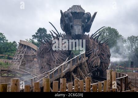 Alton, UK. 9th July 2020. Thrill seekers wear face masks while riding the Wickerman roller coaster after the park opens after the lifting of Covid-19/ Coronavirus lockdown restrictions. Credit: Jason Chillmaid/Alamy Live News Stock Photo