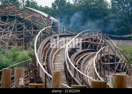 Alton, UK. 9th July 2020. Thrill seekers wear face masks while riding the Wickerman roller coaster after the park opens after the lifting of Covid-19/ Coronavirus lockdown restrictions. Credit: Jason Chillmaid/Alamy Live News Stock Photo