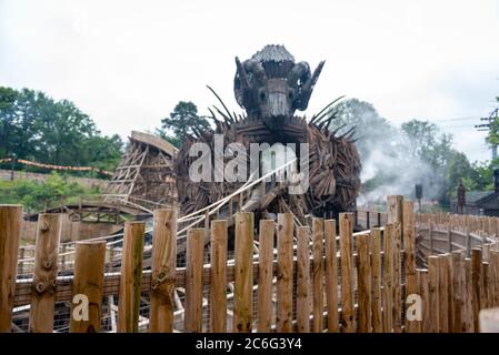 Alton, UK. 9th July 2020. Thrill seekers wear face masks while riding the Wickerman roller coaster after the park opens after the lifting of Covid-19/ Coronavirus lockdown restrictions. Credit: Jason Chillmaid/Alamy Live News Stock Photo