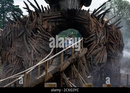 Alton, UK. 9th July 2020. Thrill seekers wear face masks while riding the Wickerman roller coaster after the park opens after the lifting of Covid-19/ Coronavirus lockdown restrictions. Credit: Jason Chillmaid/Alamy Live News Stock Photo