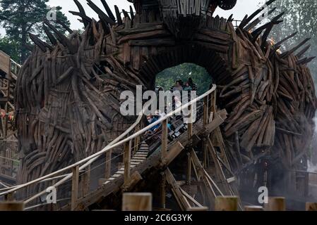 Alton, UK. 9th July 2020. Thrill seekers wear face masks while riding the Wickerman roller coaster after the park opens after the lifting of Covid-19/ Coronavirus lockdown restrictions. Credit: Jason Chillmaid/Alamy Live News Stock Photo