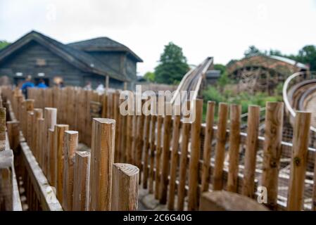 Alton, UK. 9th July 2020. Thrill seekers wear face masks while riding the Wickerman roller coaster after the park opens after the lifting of Covid-19/ Coronavirus lockdown restrictions. Credit: Jason Chillmaid/Alamy Live News Stock Photo