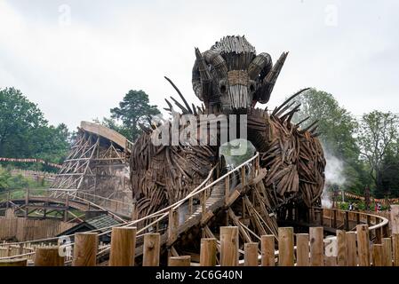 Alton, UK. 9th July 2020. Thrill seekers wear face masks while riding the Wickerman roller coaster after the park opens after the lifting of Covid-19/ Coronavirus lockdown restrictions. Credit: Jason Chillmaid/Alamy Live News Stock Photo