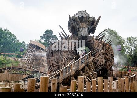 Alton, UK. 9th July 2020. Thrill seekers wear face masks while riding the Wickerman roller coaster after the park opens after the lifting of Covid-19/ Coronavirus lockdown restrictions. Credit: Jason Chillmaid/Alamy Live News Stock Photo