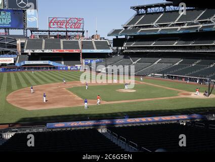 Queens, United States. 09th July, 2020. New York Mets Jeff McNeil gets set  for an at bat in a simulation game during a spring training workout at Citi  Field on Thursday, July