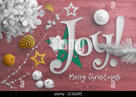 Morocco flag on wooden table with joy text. Christmas and new year background, celebration national concept with white decor. Stock Photo