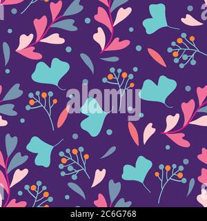 Seamless pattern with plants branches, leaves and berries. Vector illustration Stock Vector