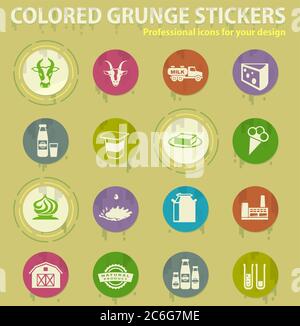 Milk industry colored grunge icons Stock Vector