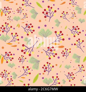 Seamless pattern with plants branches, leaves and berries. Vector illustration Stock Vector