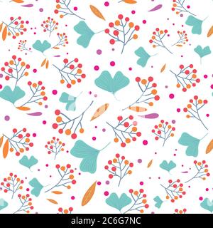 Seamless pattern with plants branches, leaves and berries. Vector illustration Stock Vector