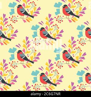 Seamless pattern with cute birds, leaves and berries. Vector illustration. Stock Vector