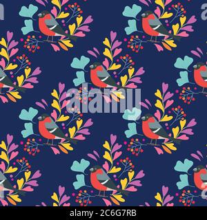 Seamless pattern with cute birds, leaves and berries. Vector illustration. Stock Vector