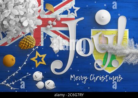 Turks And Caicos Islands flag on wooden table with joy text. Christmas and new year background, celebration national concept with white decor. Stock Photo