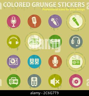musical equipment colored grunge icons Stock Vector
