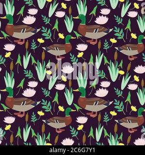 Seamless pattern with cute ducks and water lily flowers. Vector illustration. Stock Vector