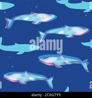 Seamless pattern with flying whale and stars. Blue night space galaxy background. Vector illustration. Stock Vector