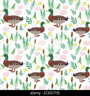 Seamless pattern with cute ducks and water lily flowers. Vector illustration. Stock Vector