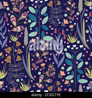 Seamless pattern with plants branches, leaves and berries. Vector illustration Stock Vector