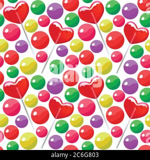 Seamless pattern with candy balls and heart shaped lollipops Colorful bright vector illustration. Stock Vector