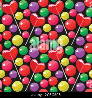Seamless pattern with candy balls and heart shaped lollipops Colorful bright vector illustration. Stock Vector