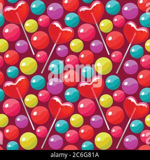 Seamless pattern with candy balls and heart shaped lollipops Colorful bright vector illustration. Stock Vector