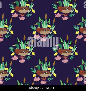 Seamless pattern with cute ducks and water lily flowers. Vector illustration. Stock Vector