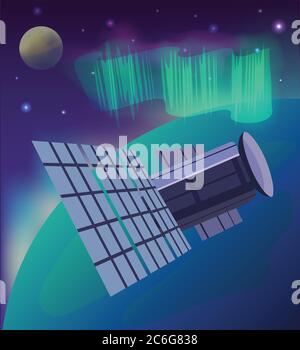 Vector illustration of space, stars, satellite, planet and northern lights.  Stock Vector
