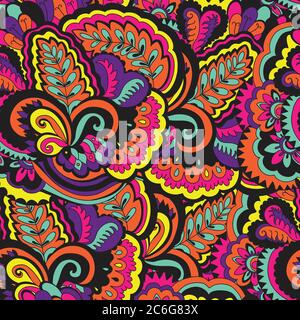 Colorful seamless pattern with plants and floral elements. Bright psychedelic background. Vector illustration.  Stock Vector