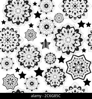 Seamless pattern with plants black and white plants and floral mandala elements. Ornamental ornate background.  Stock Vector