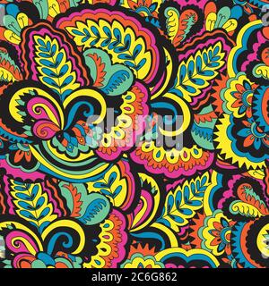 Colorful seamless pattern with plants and floral elements. Bright psychedelic background. Vector illustration.  Stock Vector