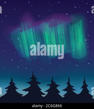 Vector illustration. Forest and night sky with stars and northern light. Stock Vector