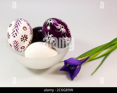 Hand painted easter eggs with iris Stock Photo