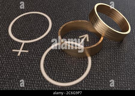 Two wedding rings and symbols female, male Stock Photo