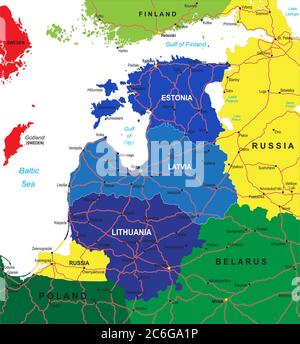 Highly detailed vector map of the Baltic states with administrative regions,main cities and roads. Stock Vector